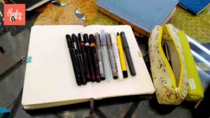 pens & books used by pen & ink artist